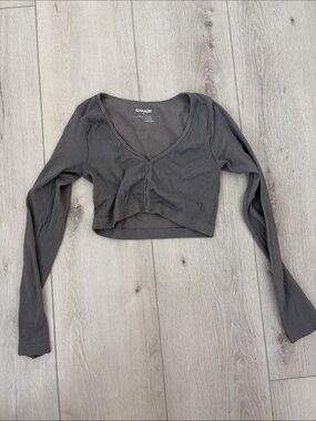 Garage Charcoal Ribbed V-Neck Long Sleeve Crop Top